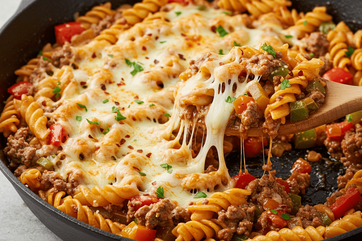 Creamy Philly Cheesesteak Pasta with Ground Beef
