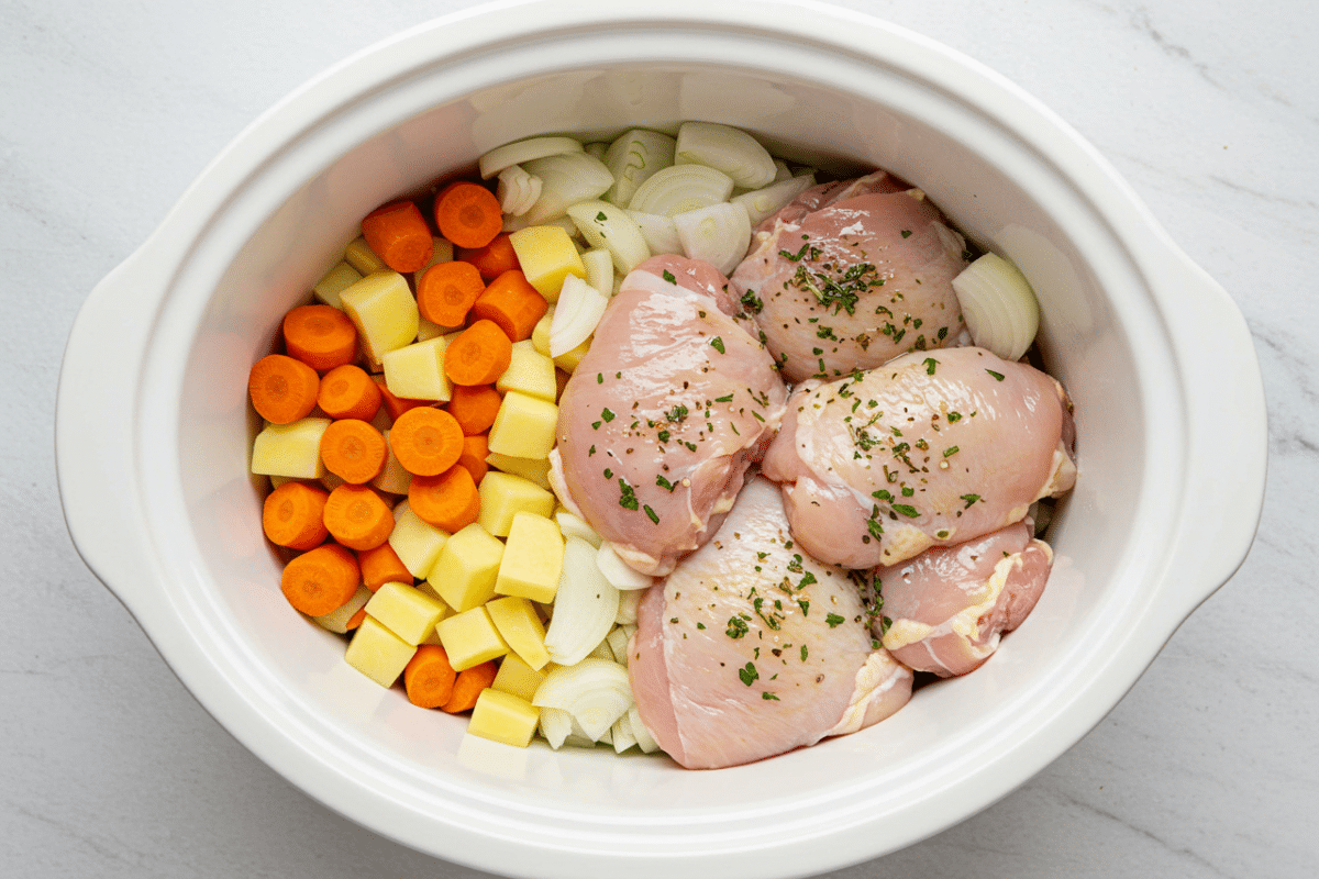 How to Layer a Crockpot for Chicken and Veggies Raw chicken thighs and chopped vegetables layered in a white slow cooker, ready for a crockpot chicken and veggies recipe