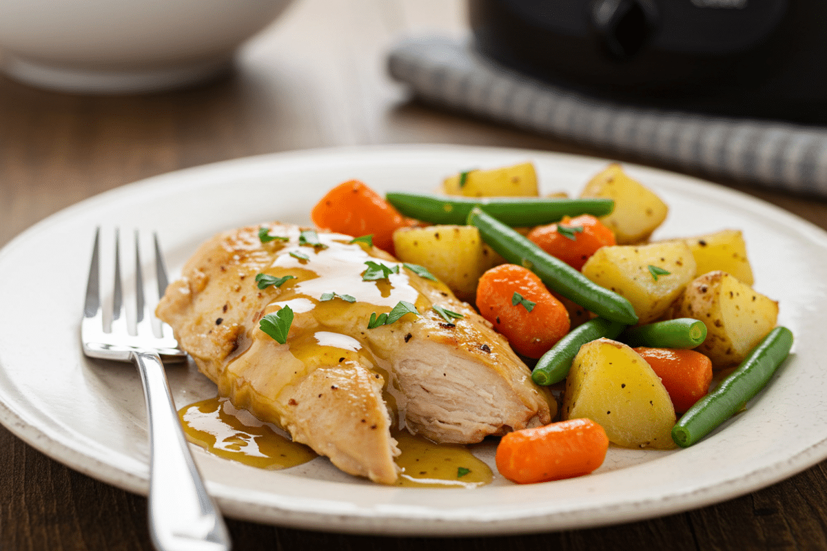 A Plate of Healthy Crockpot Chicken and Vegetables A single serving of a finished **crockpot chicken and veggies** dinner on a rustic white plate, with a fork ready to eat.