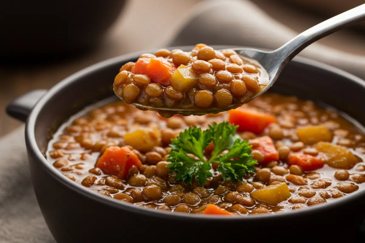 A close-up of a spoonful of a finished lentil bean soup slow cooker recipe, showing the thick texture of the lentils and carrots.