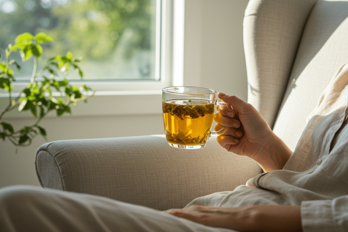 Enjoying a Calming Cup of CCF Tea A person relaxing in a sunlit armchair, holding a glass mug of warm cumin coriander fennel tea, enjoying its calming benefits.