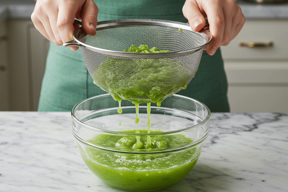 straining cucumber juice person straining cucumber juice through a fine-mesh sieve into a glass bowl on a marble countertop.