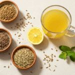Tea Fennel Coriander Cumin: A Soothing Ayurvedic Digestive Tea 2 A flat lay of the ingredients for a tea fennel coriander cumin recipe, including bowls of cumin, coriander, and fennel seeds, a lemon slice, mint, and a finished cup of golden tea.