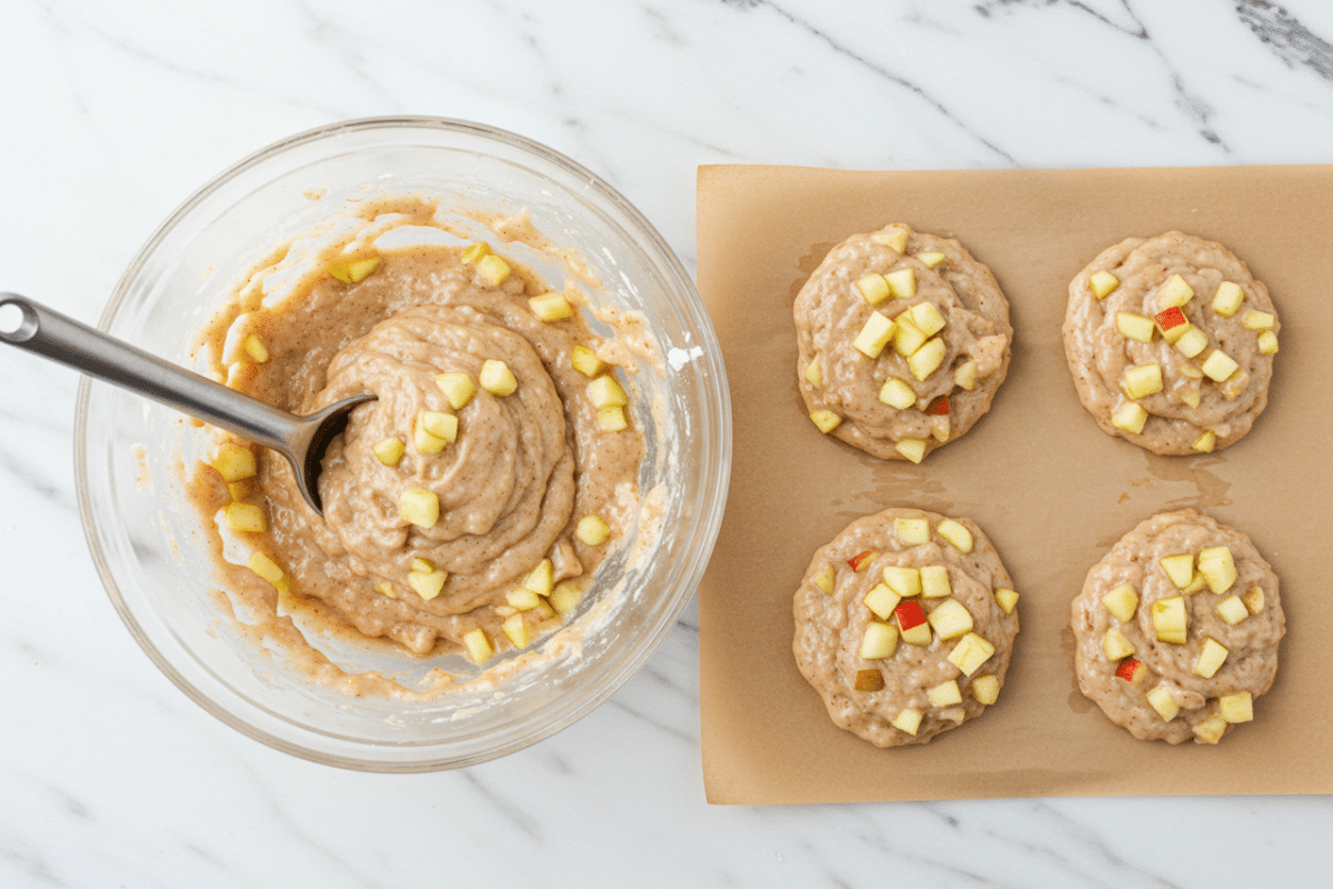 How to Make Air Fryer Apple Fritter Batter An overhead shot of the thick, scoopable batter for an apple fritter recipe air fryer, with portions ready to be cooked.