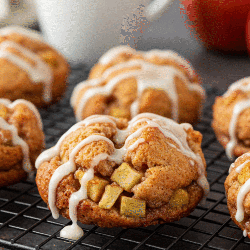 Air Fryer Apple Fritter Recipe: Crispy, Cozy, and So Easy 1 A close-up of a finished apple fritter recipe air fryer style, with a thick glaze drizzled over the golden-brown, rustic fritters on a cooling rack.