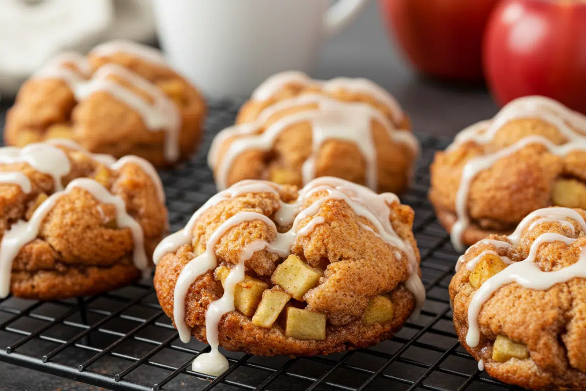 A close-up of a finished apple fritter recipe air fryer style, with a thick glaze drizzled over the golden-brown, rustic fritters on a cooling rack.