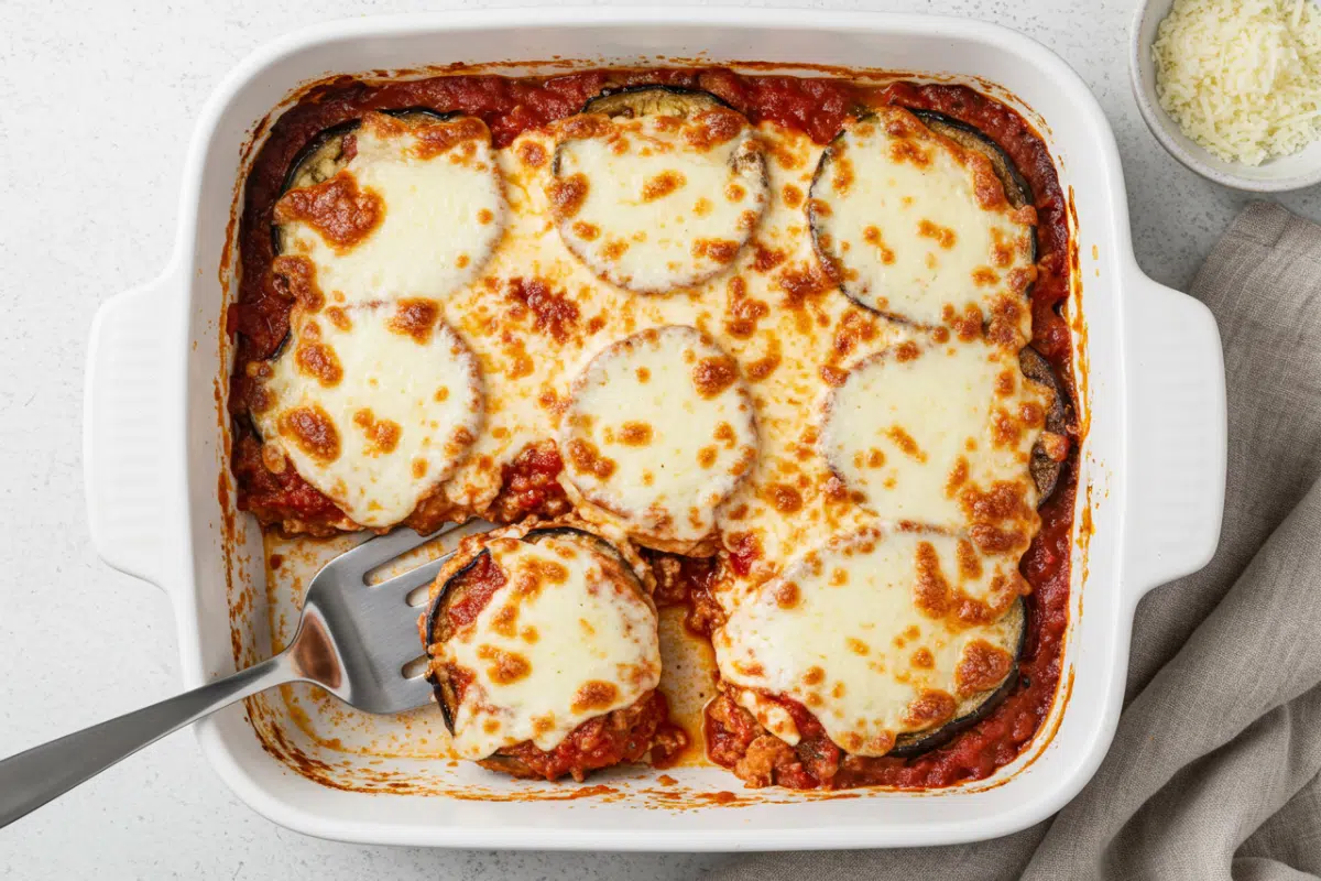 An overhead shot of a finished baked eggplant parmesan calories in a white ceramic baking dish, with one cheesy slice being lifted out.