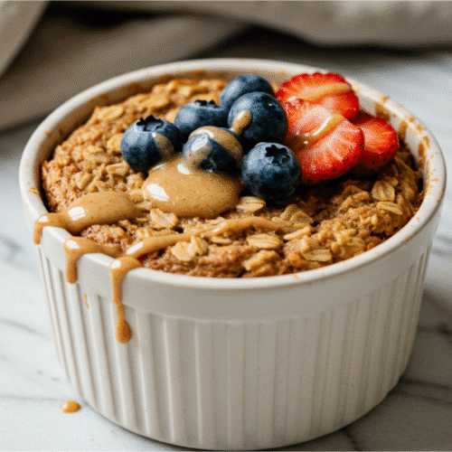 Moist & Fluffy Baked Oats Without Banana (Easy Vegan Option) 1 A close-up of a finished baked oats without banana in a rustic white ramekin, topped with a drizzle of almond butter, fresh blueberries, and sliced strawberries.