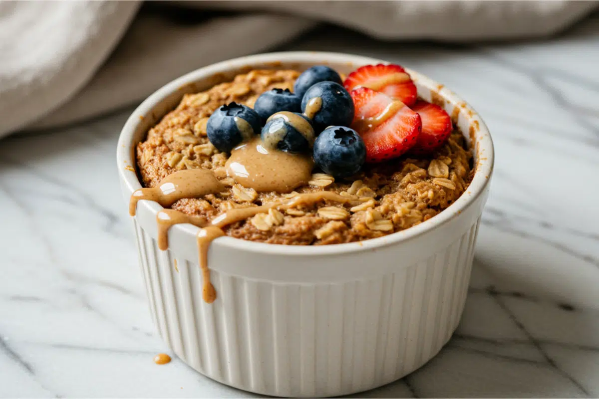 Baked Oats Without Banana 1 A close-up of a finished baked oats without banana in a rustic white ramekin, topped with a drizzle of almond butter, fresh blueberries, and sliced strawberries.