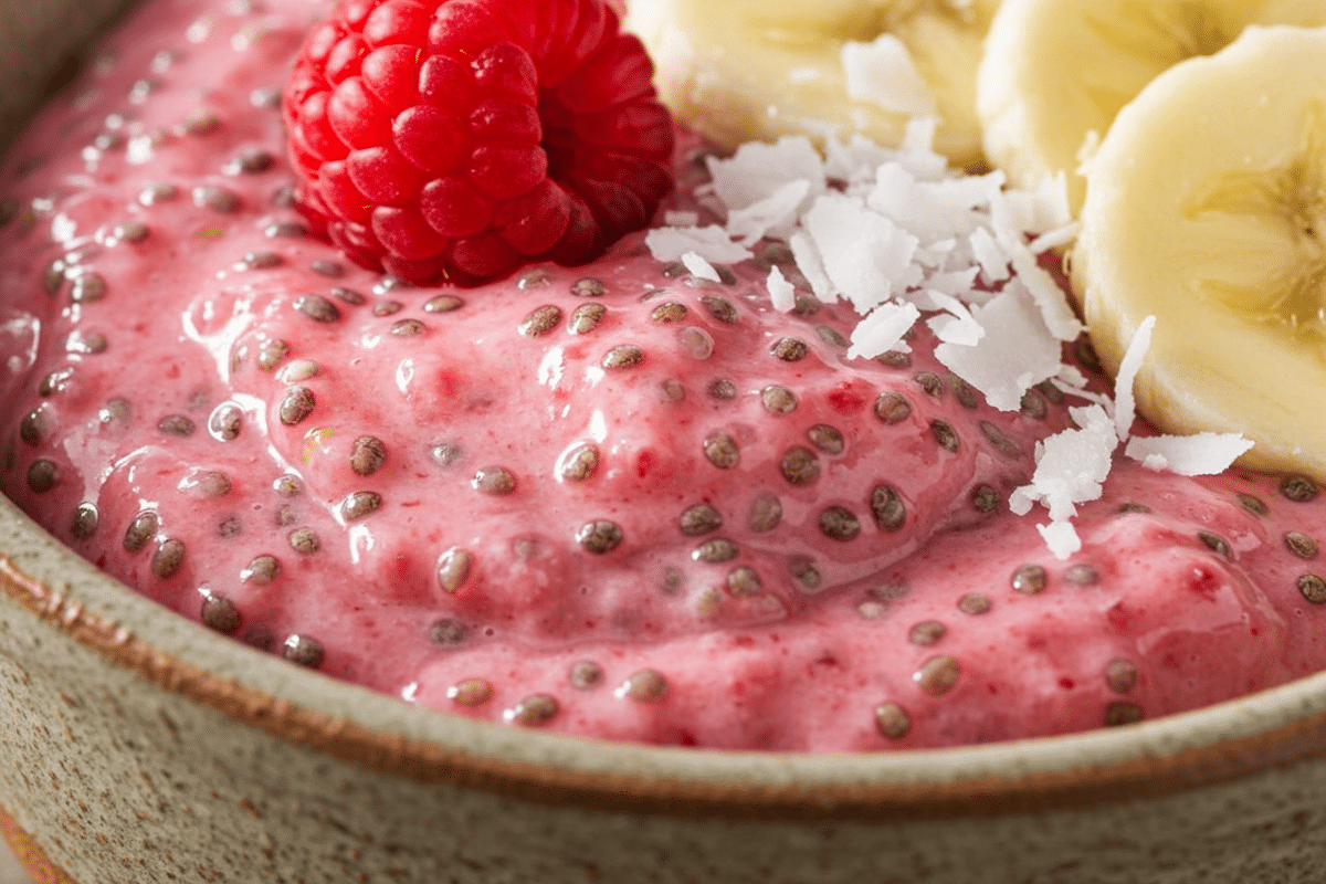 Chia and Raspberry Pudding That Will Transform Your Mornings 1 An extreme close-up of a chia and raspberry pudding in a rustic bowl, topped with a fresh raspberry, banana slices, and shredded coconut.