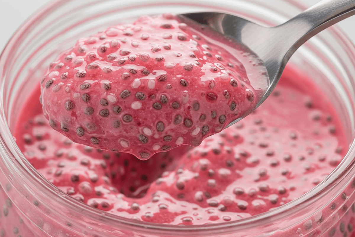 The Perfect Creamy Chia Pudding Texture A close-up of a spoonful of creamy chia and raspberry pudding, showing the thick, gelled texture of the chia seeds.