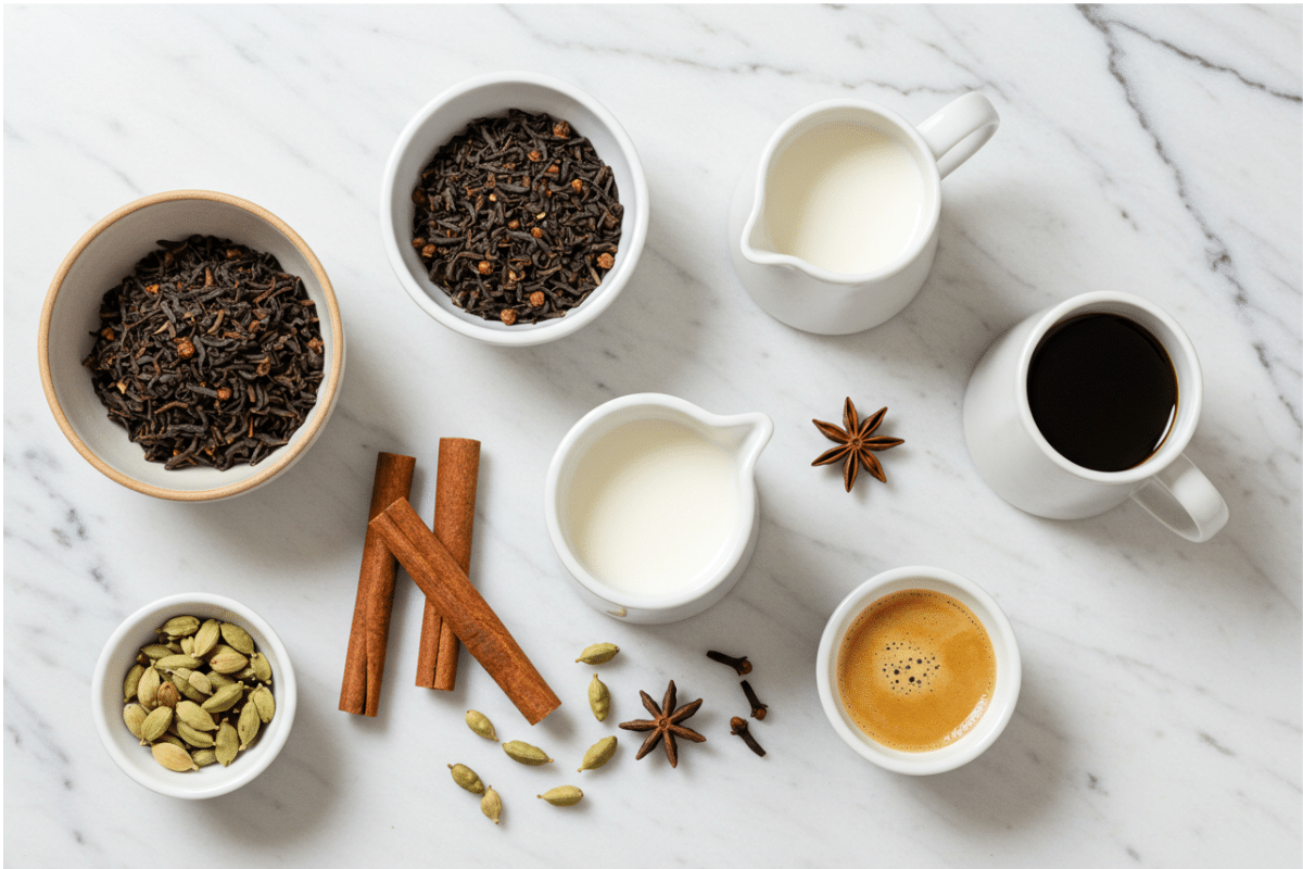 Ingredients for a Homemade Dirty Chai Latte An overhead flat lay of the ingredients for a dirty chai latte, including loose-leaf black tea, whole spices, espresso, and milk.