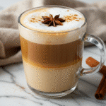 Easy Homemade Dirty Chai Tea Latte (Hot or Iced) 2 A close-up of a finished hot dirty chai tea latte in a clear glass mug, with layers of chai and frothed milk, garnished with a star anise.