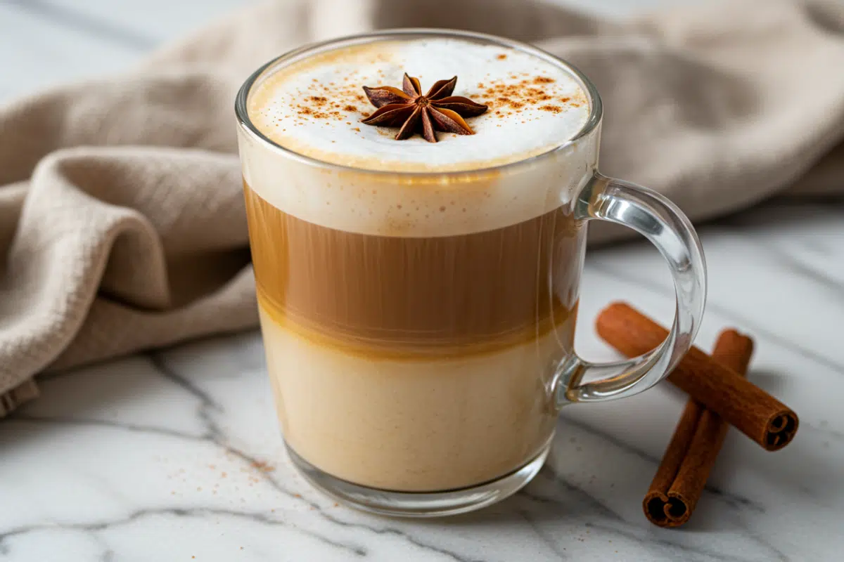 Home 12 A close-up of a finished hot dirty chai tea latte in a clear glass mug, with layers of chai and frothed milk, garnished with a star anise.