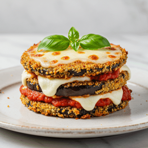 Eggplant Parmesan Calories: A Healthier Twist on a Classic Comfort Food 1 A close-up of a healthy baked eggplant parmesan stack, showing the crispy panko crust, red marinara sauce, and melted mozzarella cheese, proving that eggplant parmesan calories can be low.
