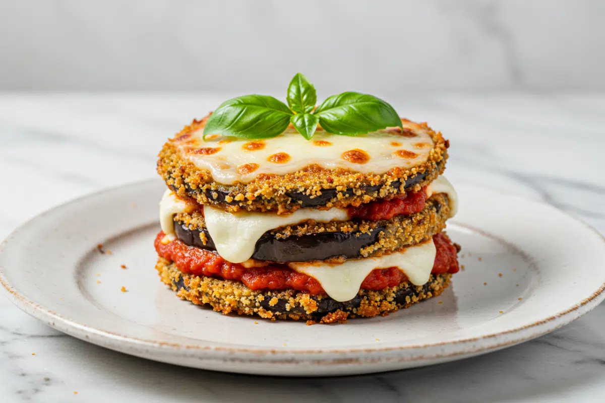 A close-up of a healthy baked eggplant parmesan stack, showing the crispy panko crust, red marinara sauce, and melted mozzarella cheese, proving that eggplant parmesan calories can be low.