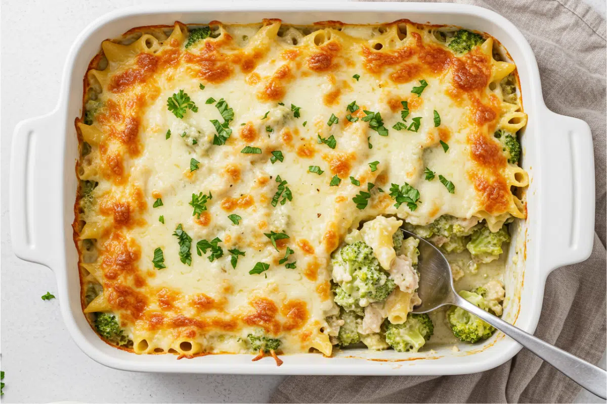 Easy Family-Style Chicken Broccoli Pasta Bake An overhead shot of a finished chicken broccoli pasta bake in a white ceramic baking dish, with one portion scooped out.