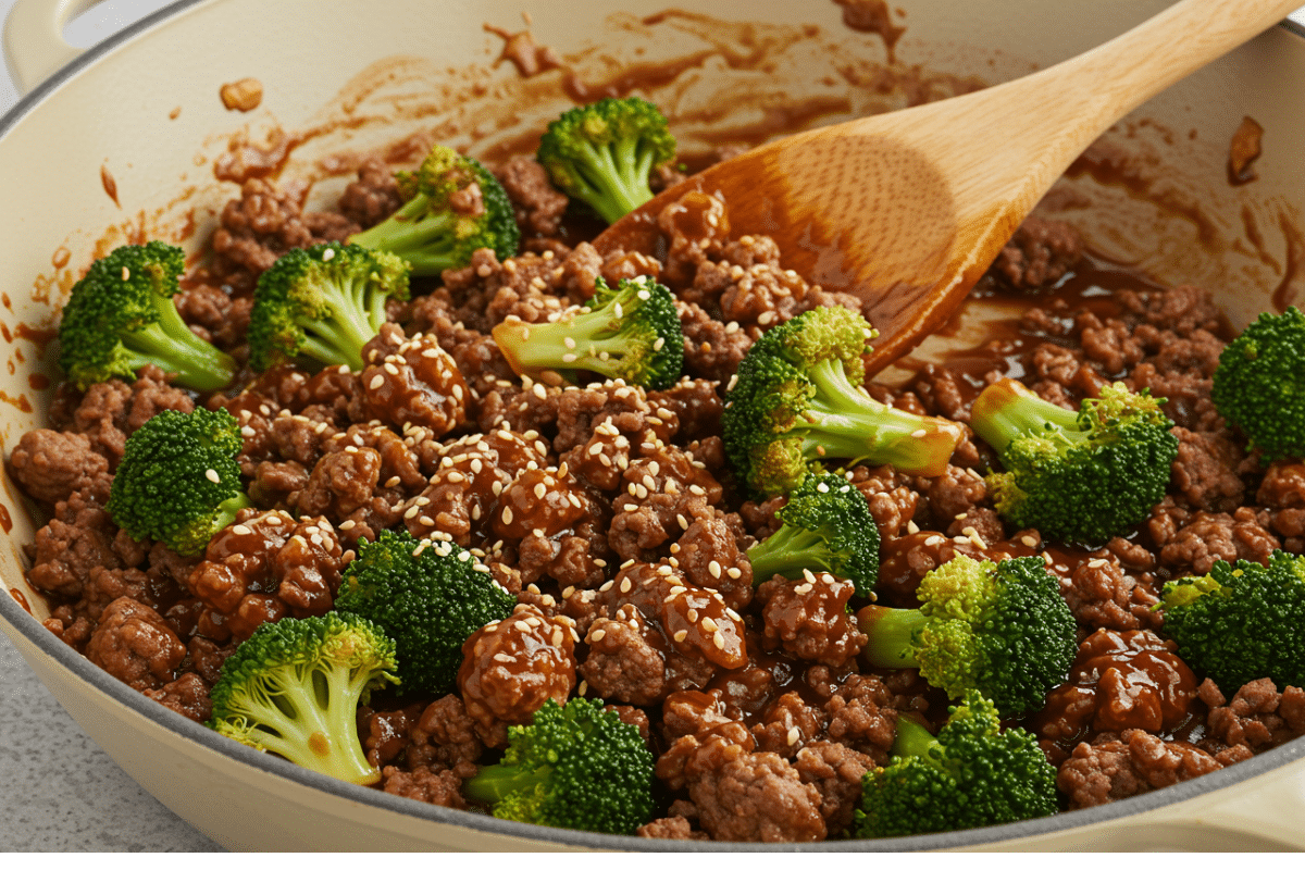 One-Pan Ground Beef and Broccoli Stir Fry A skillet of a finished ground beef and broccoli stir fry, showing the glossy sauce coating the beef and vibrant green broccoli.