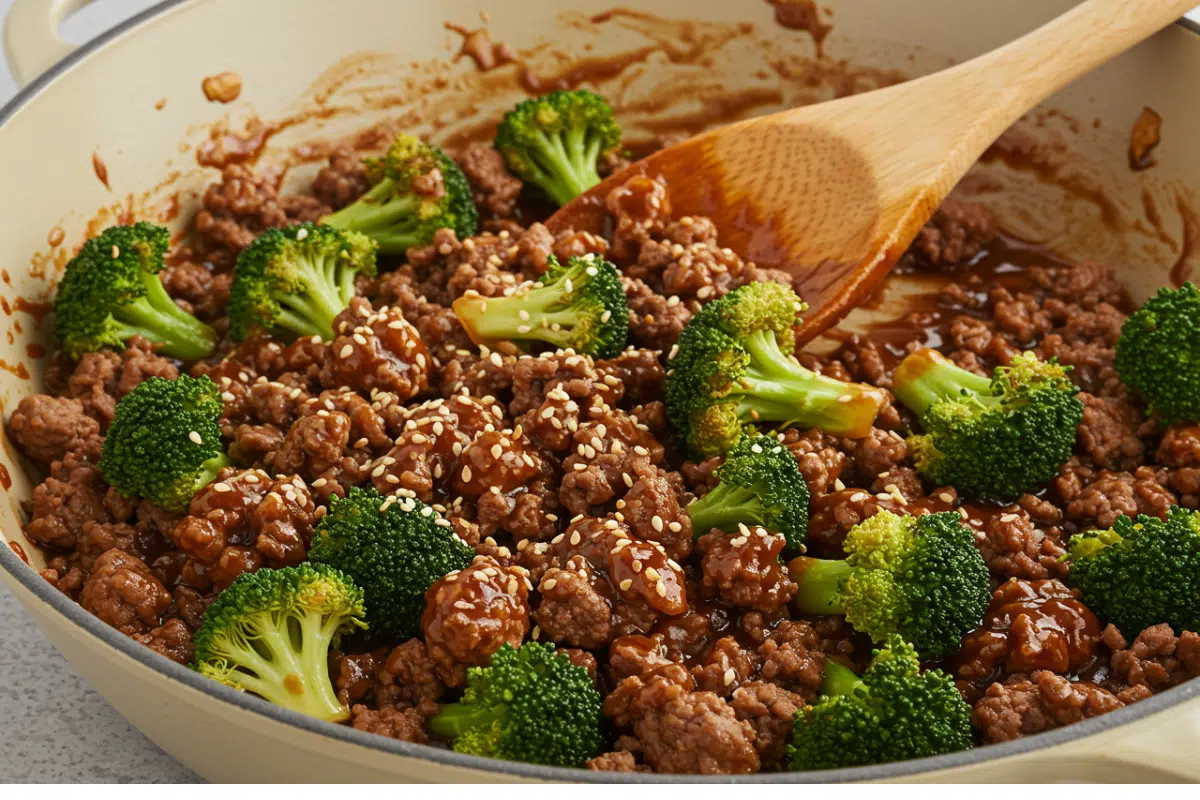 A skillet of a finished ground beef and broccoli stir fry, showing the glossy sauce coating the beef and vibrant green broccoli.