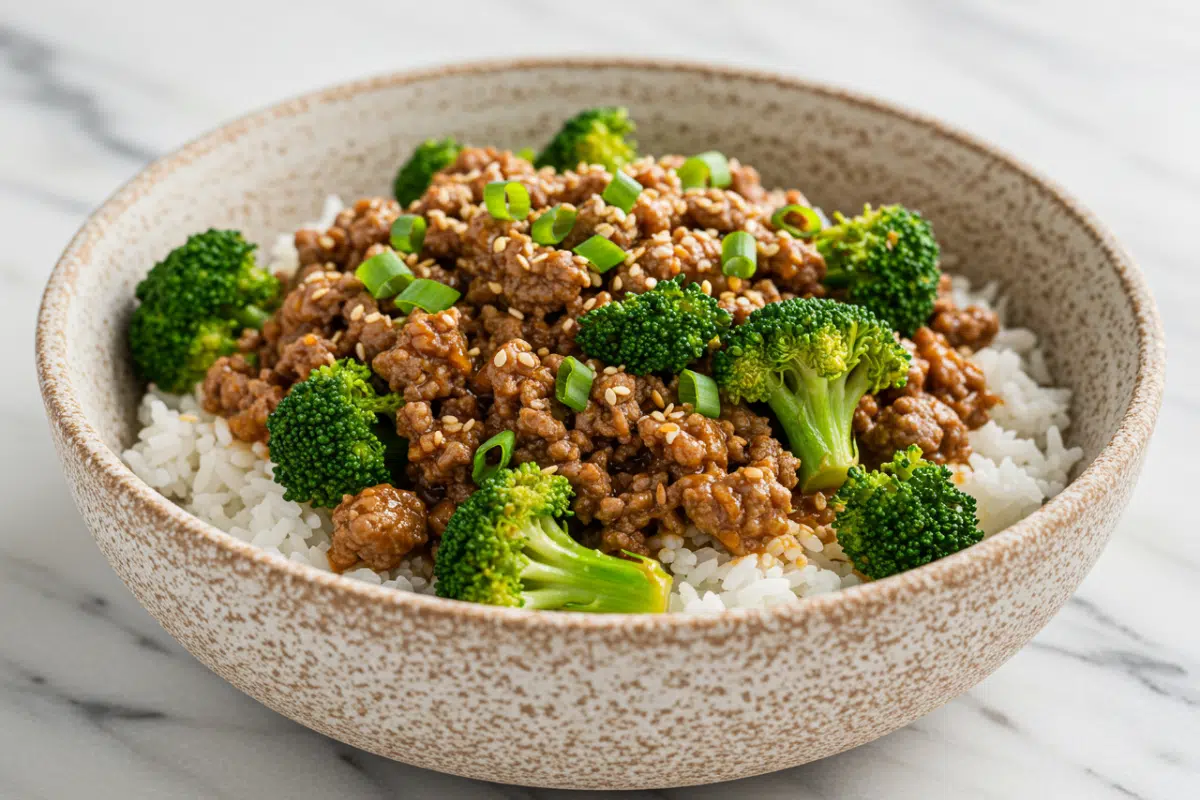 A close-up of a healthy beef and broccoli stir fry in a rustic speckled bowl, with the saucy ground beef and broccoli served over a bed of white rice.