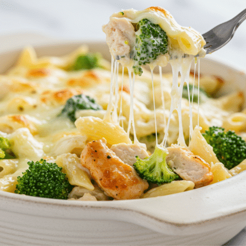 Chicken Broccoli Pasta Bake – Creamy, Comforting & Easy 1 A close-up of a finished chicken broccoli pasta bake in a rustic white bowl, with a fork lifting a bite and creating a long, stringy cheese pull.
