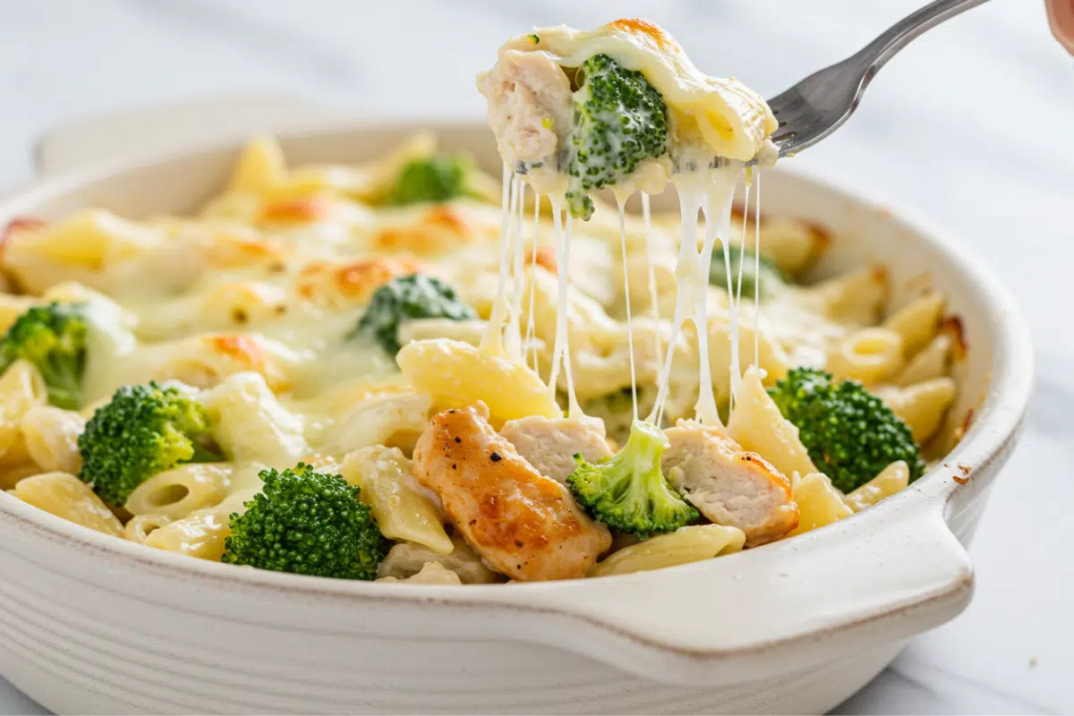 Chicken Broccoli Pasta Bake – Creamy, Comforting & Easy 1 A close-up of a finished chicken broccoli pasta bake in a rustic white bowl, with a fork lifting a bite and creating a long, stringy cheese pull.