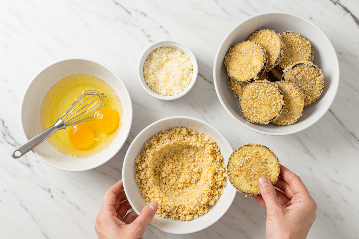 Breading Eggplant Slices for Baking A person's hands breading eggplant slices in a panko-parmesan mixture to make a healthy baked eggplant parmesan calories.
