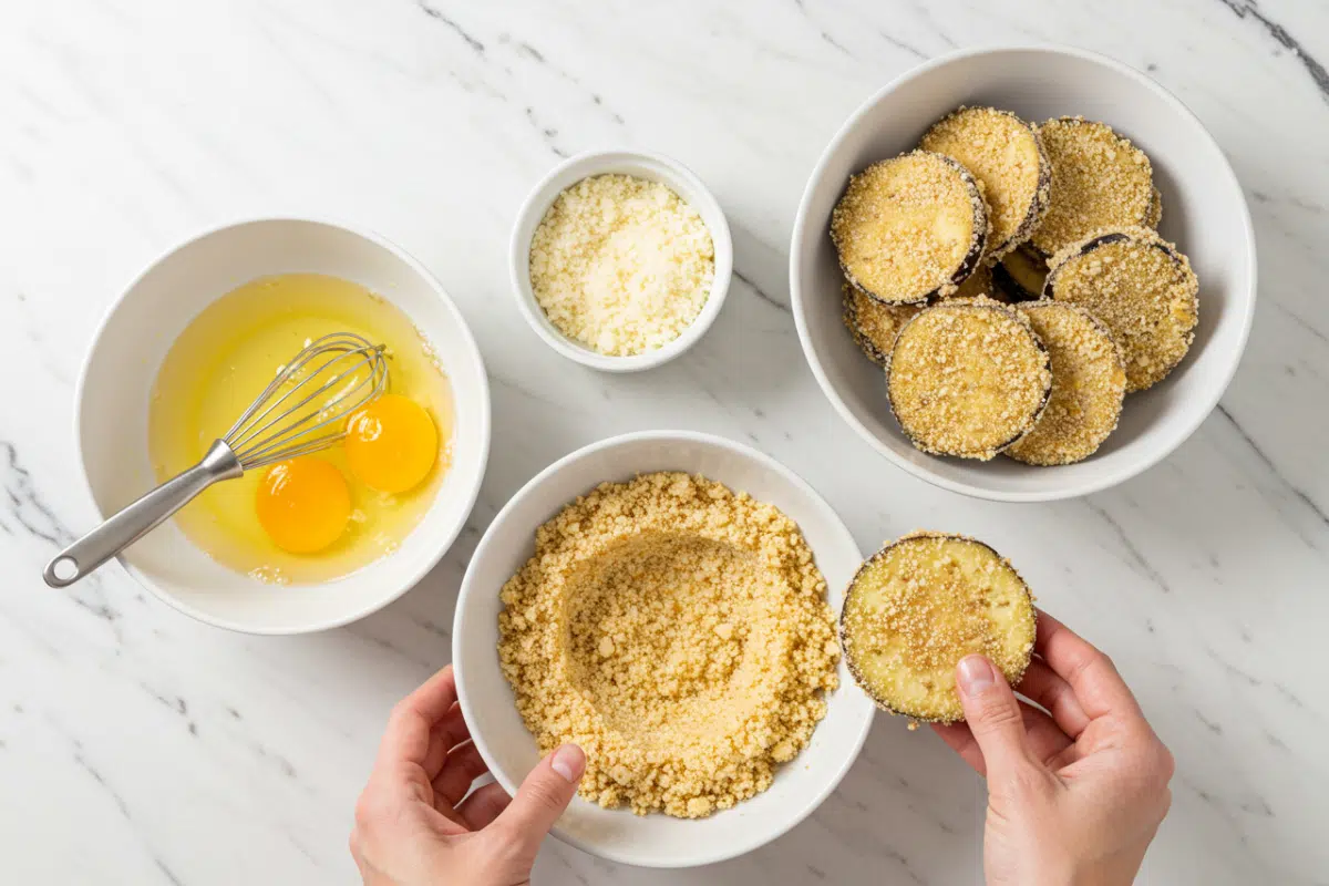 A person's hands breading eggplant slices in a panko-parmesan mixture to make a healthy baked eggplant parmesan calories.