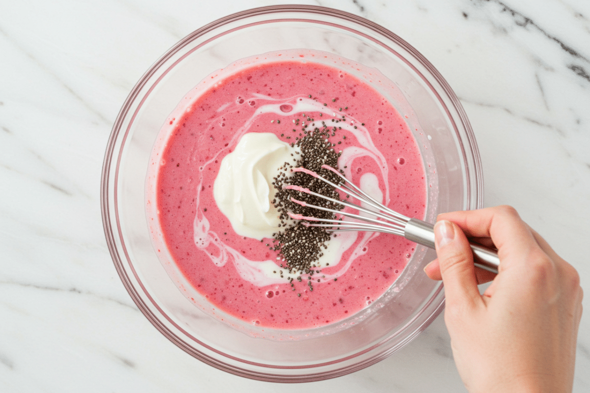 How to Make Creamy Raspberry Chia Pudding A hand whisking chia seeds and plant-based yogurt into a vibrant pink raspberry milk to make chia and raspberry pudding.