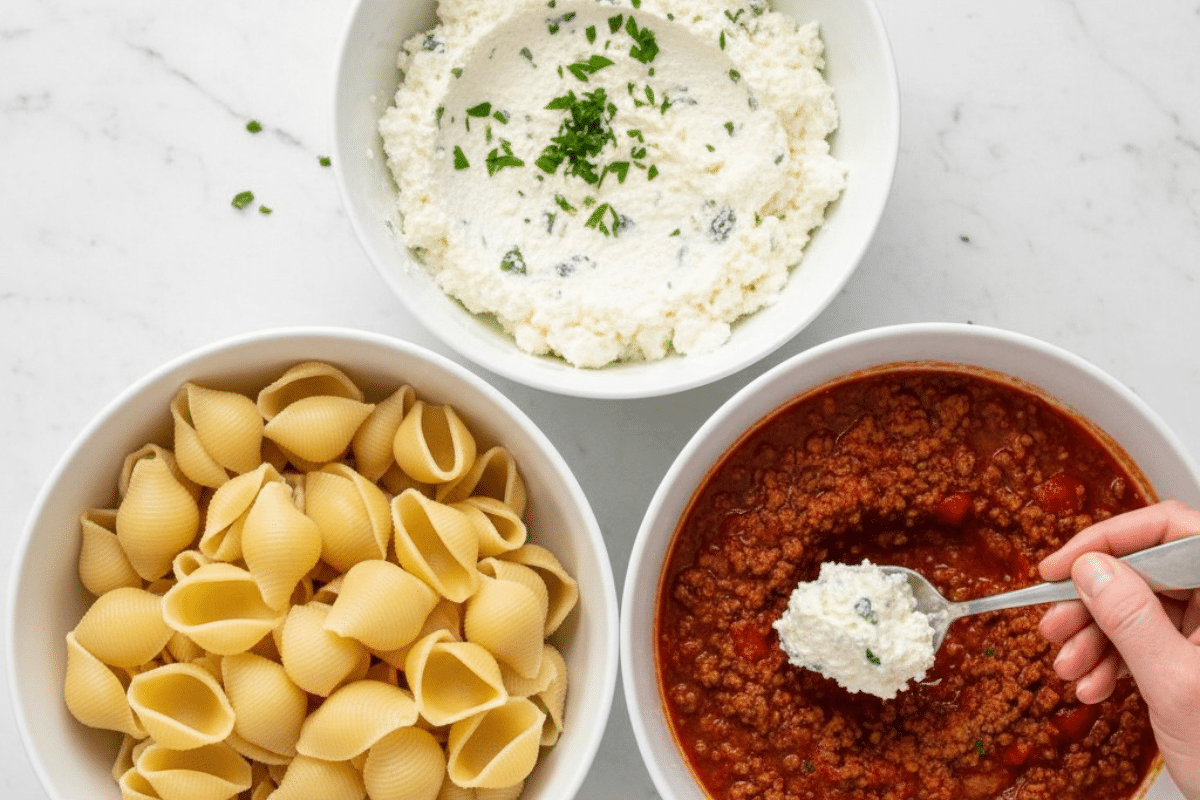 Ingredients for Homemade Stuffed Shells An overhead shot of the ingredients for stuffed shells with meat, showing bowls of cooked pasta shells, ricotta filling, and a rich meat sauce.