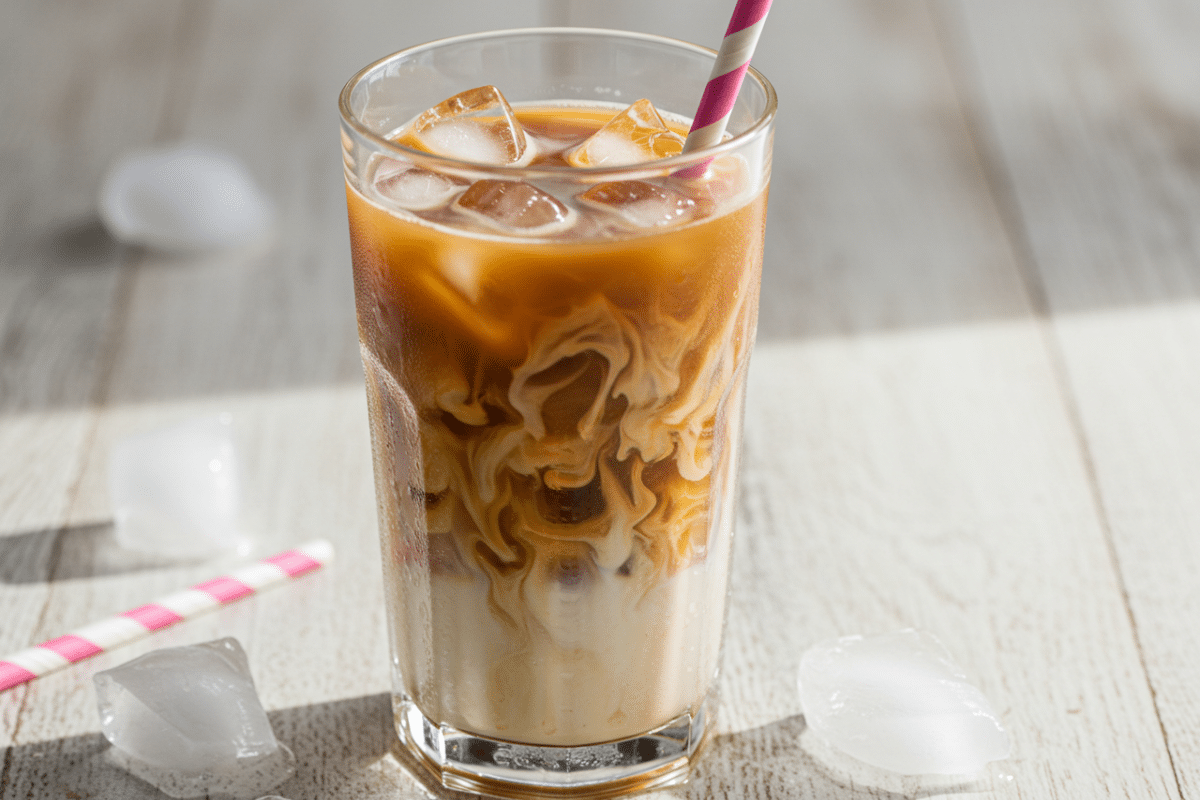 How to Make an Iced Dirty Chai Latte A tall glass of an iced dirty chai latte with beautiful swirls of milk and coffee, with a pink and white striped straw.