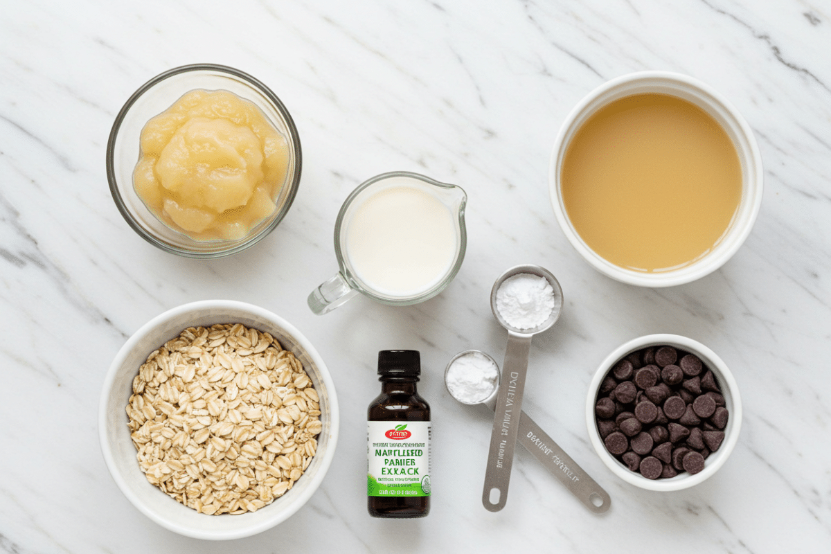 Simple Ingredients for Baked Oats Without Banana An overhead flat lay of the ingredients for baked oats without banana, including rolled oats, applesauce, milk, and chocolate chips on a white marble countertop.