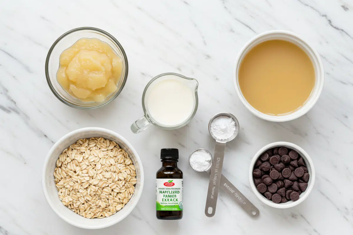 Simple Ingredients for Baked Oats Without Banana An overhead flat lay of the ingredients for baked oats without banana, including rolled oats, applesauce, milk, and chocolate chips on a white marble countertop.