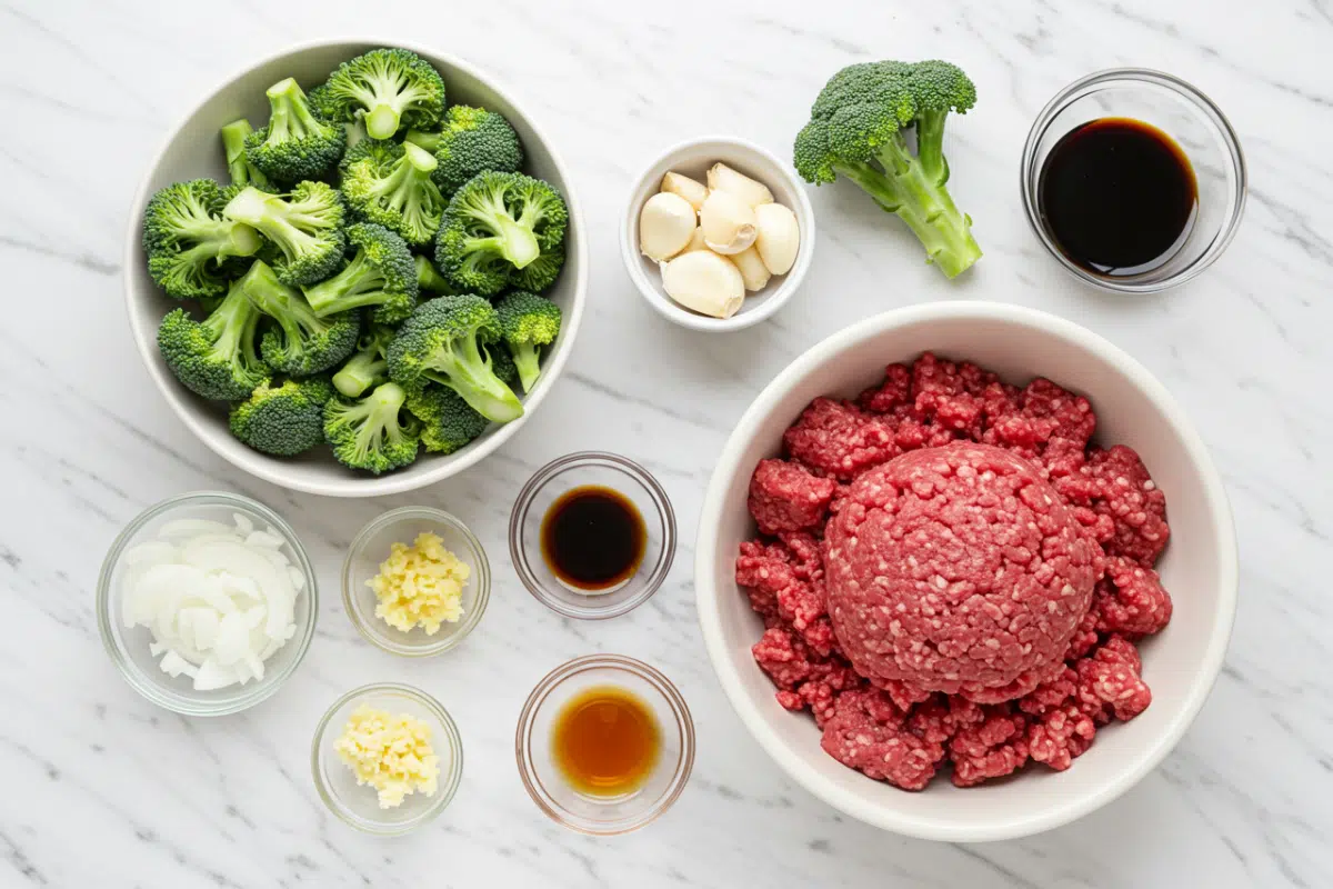 An overhead flat lay of the ingredients for a healthy beef and broccoli stir fry, including raw ground beef, fresh broccoli, and sauce components on a white marble countertop.