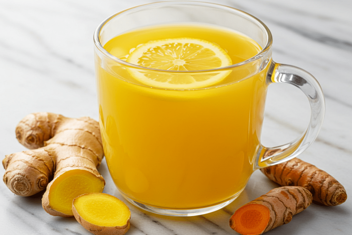 Soothing Lemon Ginger and Turmeric Tea Recipe 1 A close-up of a finished lemon ginger and turmeric tea in a clear glass mug, with fresh ginger and turmeric root on a white marble surface.
