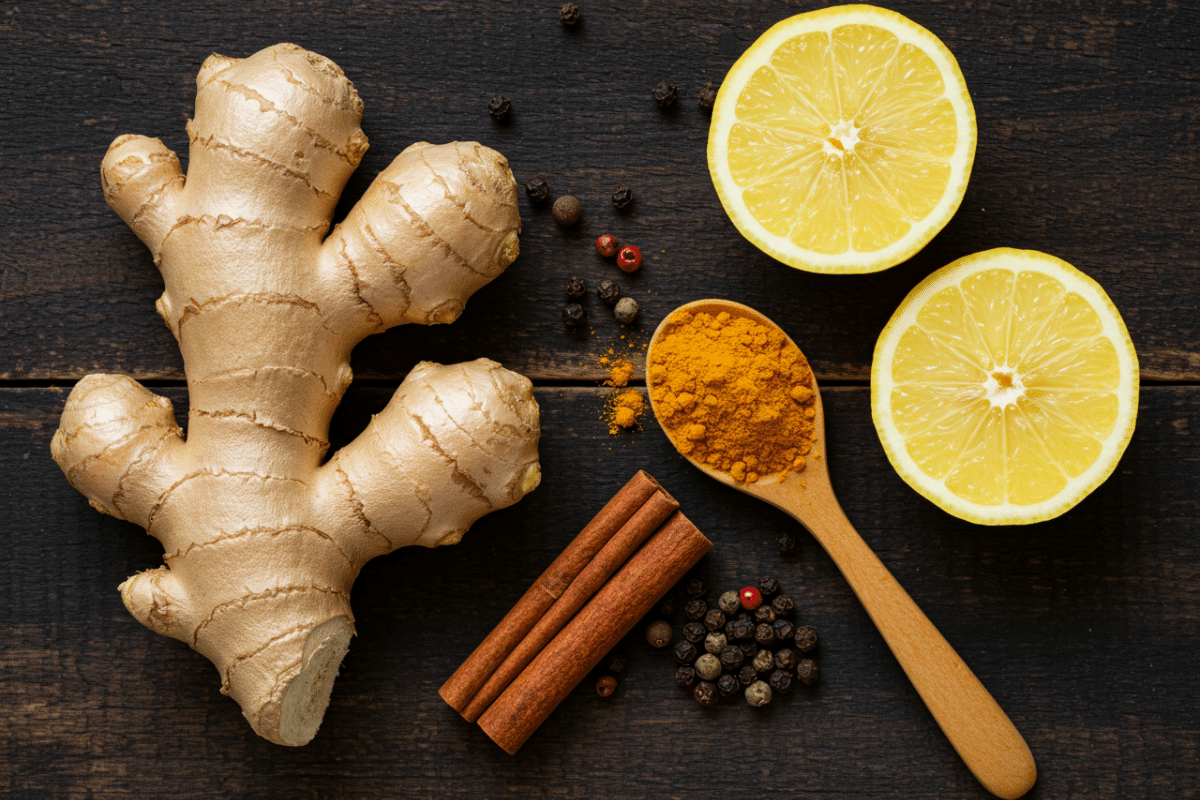 ngredients for a Healing Wellness Tea An overhead flat lay of the ingredients for a lemon ginger and turmeric tea, including fresh ginger, lemon, ground turmeric, and spices on a dark wooden surface.
