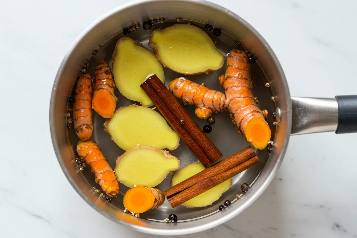 An overhead shot of fresh ginger, turmeric, cinnamon, and peppercorns simmering in a pot to make lemon ginger and turmeric tea.