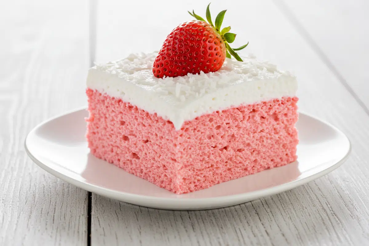A single, perfect square slice of a simple no sugar no flour strawberry cake recipe on a white plate, set on a white wooden table.