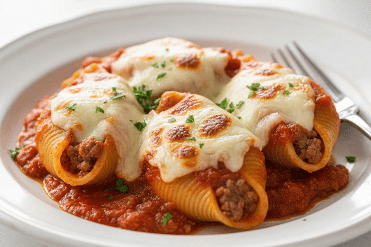 A Plate of Cheesy Stuffed Shells with Meat A close-up of a serving of stuffed shells with meat on a white plate, topped with melted mozzarella cheese and fresh parsley.