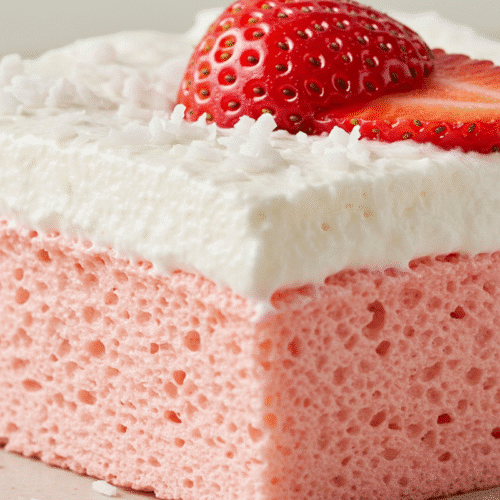 Simple No Sugar No Flour Strawberry Cake Recipe 1 An extreme close-up of a simple no sugar no flour strawberry cake, showing the light, airy, and fluffy pink texture.