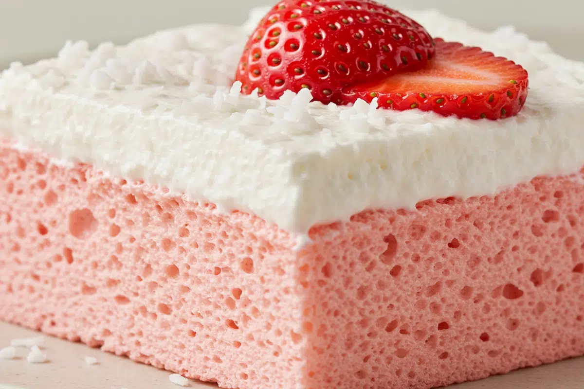 An extreme close-up of a simple no sugar no flour strawberry cake, showing the light, airy, and fluffy pink texture.