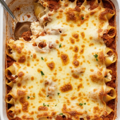 Stuffed Shells with Meat: A Comforting Classic Made Easy 1 An overhead shot of a finished stuffed shells with meat recipe in a white ceramic baking dish, with one cheesy shell being scooped out.