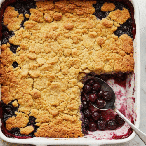 Easy Blueberry Crisp Without Oats (Gluten Free Option) 1 An overhead shot of a finished blueberry crisp without oats in a white ceramic baking dish, with one scoop taken out to show the juicy filling.