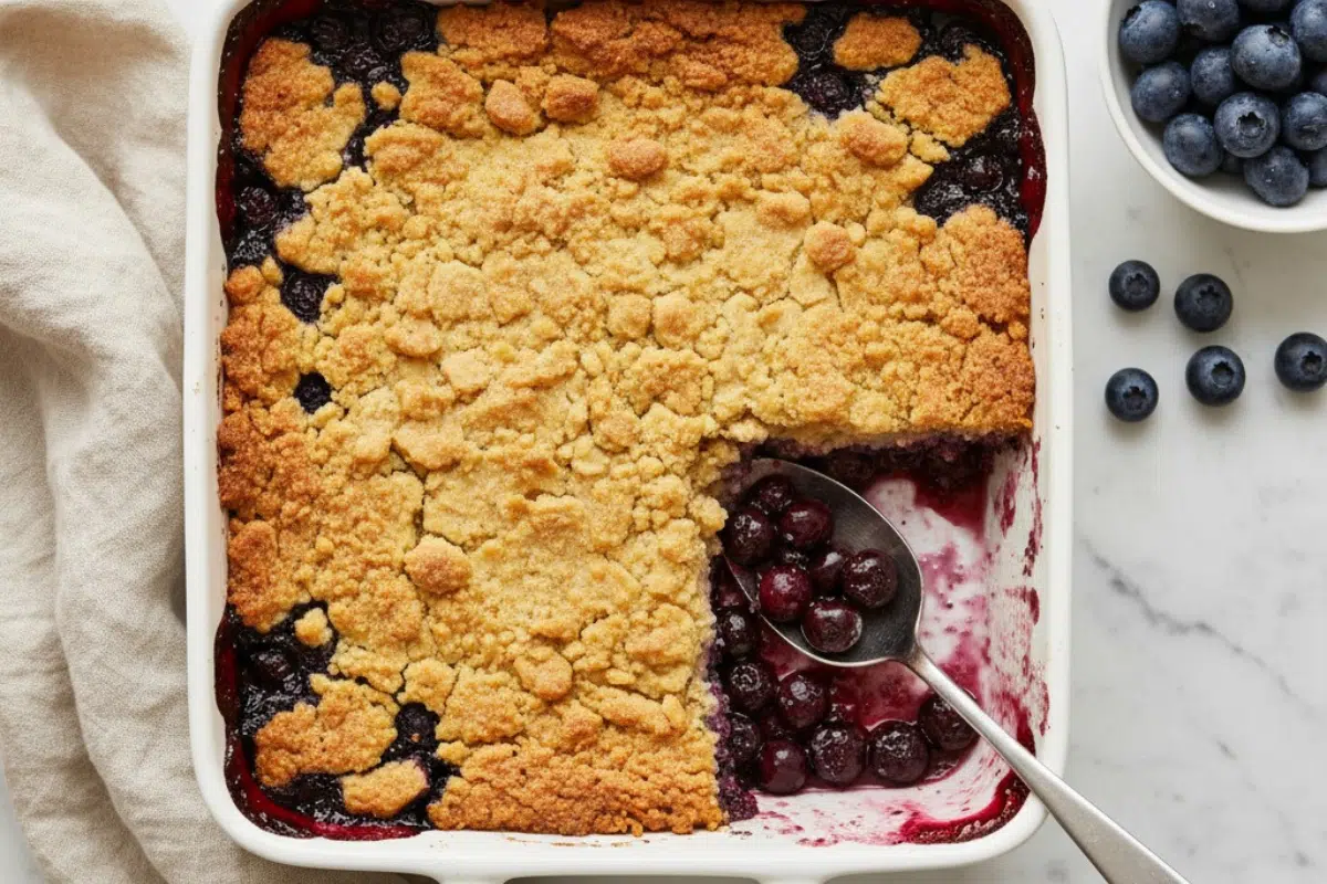 An overhead shot of a finished blueberry crisp without oats in a white ceramic baking dish, with one scoop taken out to show the juicy filling.