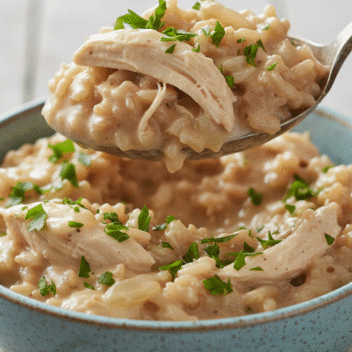chicken and rice crockpot recipe 1 A close-up of a spoonful of a creamy chicken and rice crockpot recipe, showing the tender chicken and fluffy rice in a rich sauce.