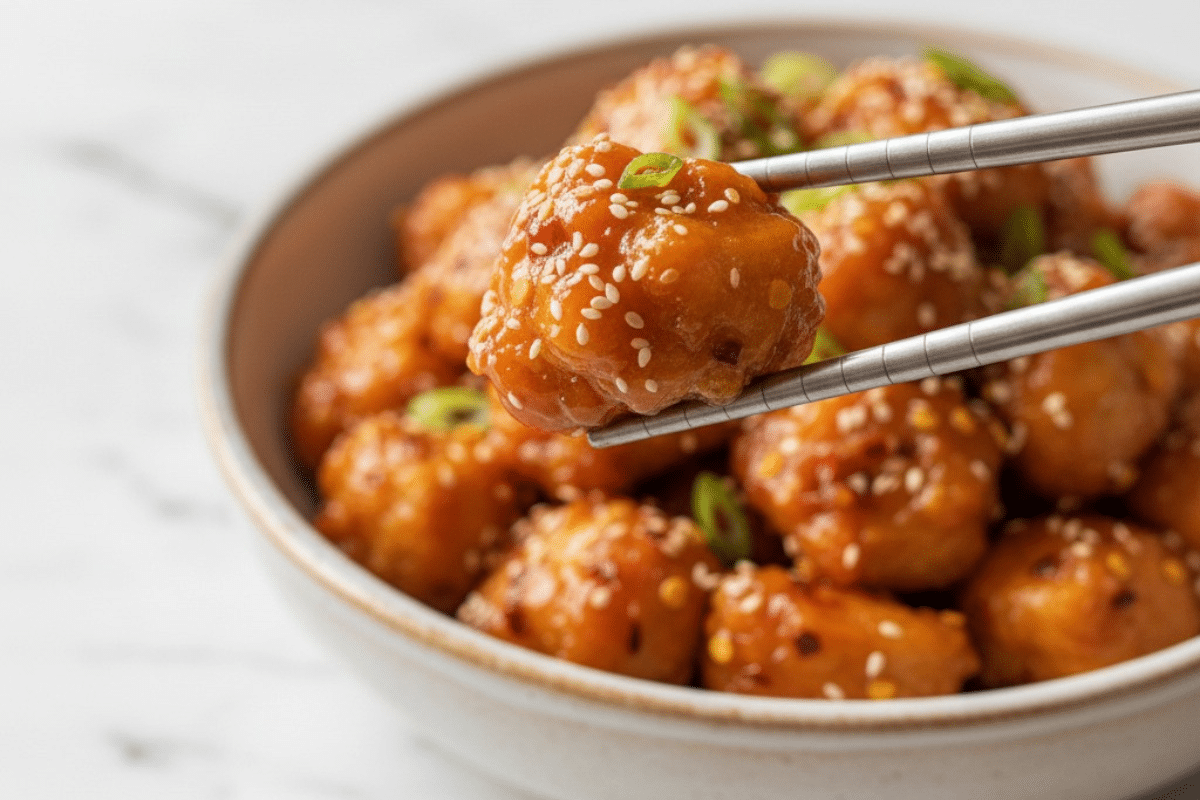 The Perfect Crispy Sweet Chili Chicken An extreme close-up of a piece of a crispy sweet chili chicken recipe being held up by a pair of silver chopsticks.