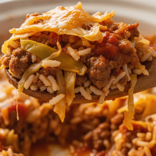 Crockpot Cabbage Roll Casserole (Easy, Lazy, and Delicious!) 1 A wooden spoon lifting a mouthwatering scoop of Crockpot Cabbage Roll Casserole, showing the texture of the rice, cabbage, and seasoned beef.