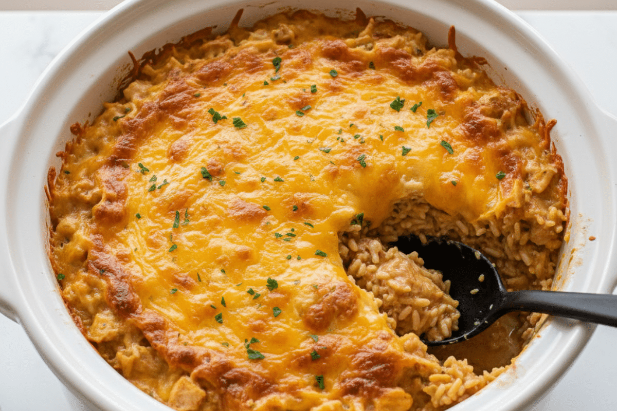 Easy Crockpot Chicken and Rice Casserole A top-down shot of a finished chicken and rice crockpot recipe in a white ceramic slow cooker, with a cheesy, golden-brown top.