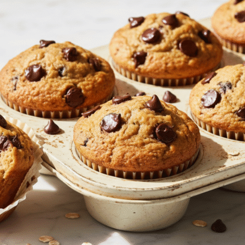 High Protein Breakfast Muffins That Are Actually Moist (No Protein Powder Needed) 1 A close-up of a rustic muffin tin filled with golden-brown high protein breakfast muffins studded with melted chocolate chips.