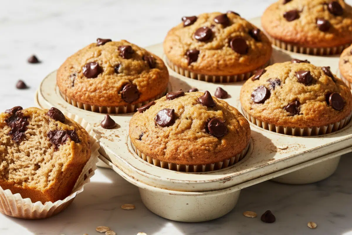 A close-up of a rustic muffin tin filled with golden-brown high protein breakfast muffins studded with melted chocolate chips.